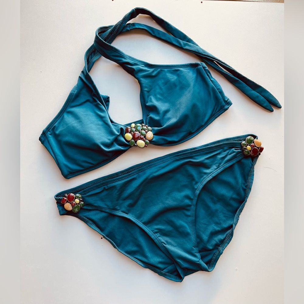 Beautiful teal bikini with jewel accents.